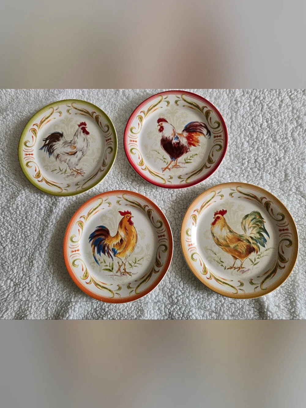 Pier 1 Imports Set/4 Rooster Plates Ironstone Salad Dessert Farmhouse 8.25